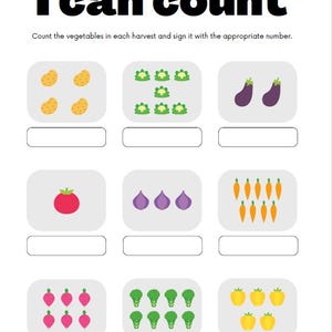 Op de afbeelding: Educatief werkblad met de titel "I can count" in vette zwarte letters. Het werkblad bevat illustraties van verschillende groenten, waaronder aardappelen, broccoli en wortelen, met ruimtes om te tellen en getallen te schrijven.