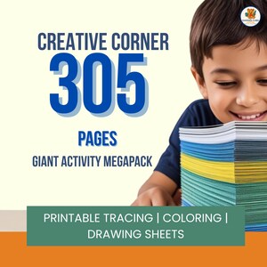 Könnte beinhalten: Ein Stapel bunter Papierbögen mit dem Text "CREATIVE CORNER 305 PAGES GIANT ACTIVITY MEGAPACK" und "PRINTABLE TRACING | COLORING | DRAWING SHEETS". Ein junger Junge lächelt, während er den Papierstapel hält.