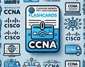 May include: Blue and white flashcards with the text "FLASHCARD ANSWERS FOR THE CISCO CCNA EXAM" and "FLASHCARDS". The card also has a blue and white illustration of a network card with the text "CCNA".