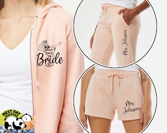 Personalized Bride Zip Up Hoodie, Custom Bride Shorts, Customized Bachelorette Sweatpants, Bridesmaids Hoodie, Bridesmaid Getting Ready