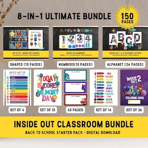 May include: An 8-in-1 Inside Out classroom bundle with 150 pages of printable activities. The bundle includes shapes, numbers, alphabet, mood meter, memory game, coloring book, and more. The images feature characters from the Disney Pixar movie Inside Out.
