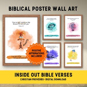 May include: A set of six printable posters featuring characters from the movie Inside Out, each with a different emotion and a corresponding Bible verse. The posters are designed in a watercolor style with a light background and feature the text "POSITIVE AFFIRMATIONS INCLUDED!" in a bright orange starburst.