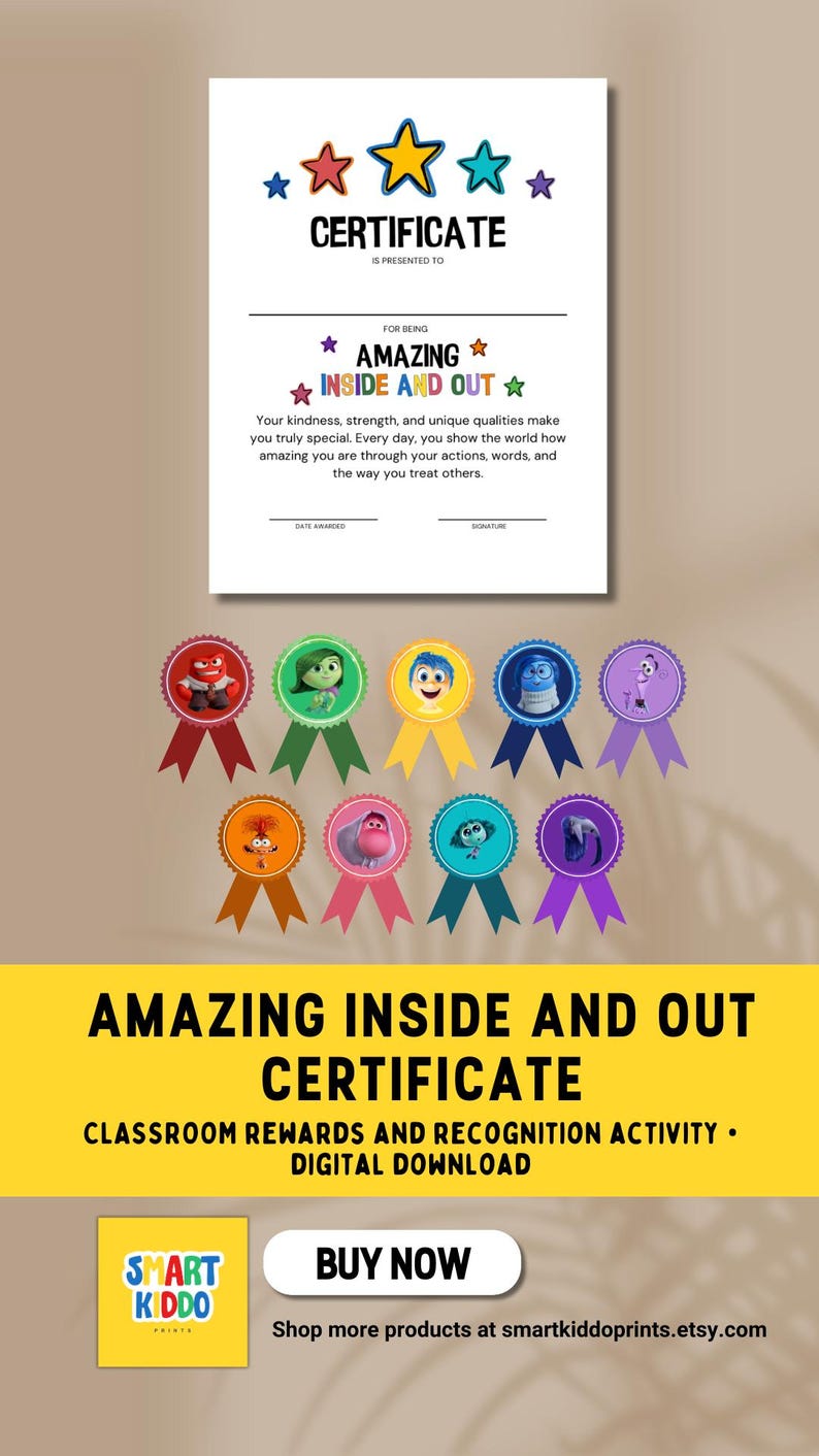 Inside Out 2 Classroom Certificate Award School Rewards Activity (Amazing Inside and Out) For Kids Teens Adult Therapy Counseling Printable Social Emotional Learning Inside Out Classroom Decor Behavior Recognition SEL Print  Inside Out Bulletin Board