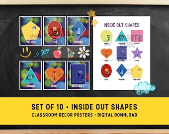 Puede incluir: Conjunto de 10 pósters imprimibles con personajes de la película Inside Out, cada uno ilustrando una forma geométrica diferente. Las formas incluyen un círculo, un triángulo, un cuadrado, un corazón, un rectángulo, una estrella, un óvalo, un diamante y un pentágono.