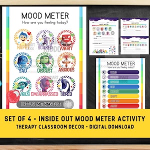 Inside Out 2 Actividad de medición del estado de ánimo de las emociones ¿Cómo te sientes hoy? Hoja de trabajo imprimible de SEL, conjunto de 4 pósteres, regulación de las emociones, descarga digital