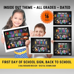 Inside Out First Day of School Sign Printable Back to School Classroom Chalkboard Style Grades Pre-K Preschool Kindergarten to 12
