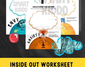 Puede incluir: Hoja de trabajo de Inside Out para comprender las emociones. La hoja de trabajo presenta personajes de la película Inside Out, incluyendo Alegría, Tristeza, Ira, Asco y Miedo. La hoja de trabajo está diseñada para ayudar a los niños a aprender sobre sus emociones y cómo manejarlas.  Terapia SEL - Descarga digital.  Comprar ahora.  Compra más productos en smartkiddoprints.etsy.com