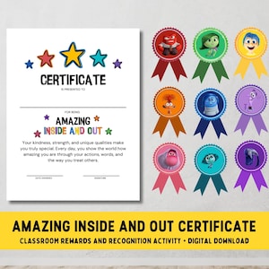 Inside Out 2 Classroom Certificate Award School Rewards Activity (Amazing Inside and Out) For Kids Teens Adult Therapy Counseling Printable Social Emotional Learning Inside Out Classroom Decor Behavior Recognition SEL Print  Inside Out Bulletin Board
