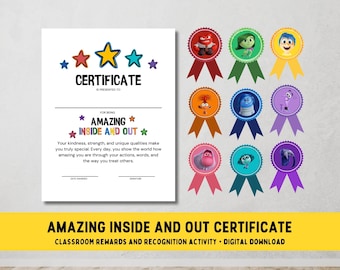 Inside Out 2 Classroom Certificate Award School Rewards Activity (Amazing Inside and Out) Kids Teens School Therapy Counseling Printable