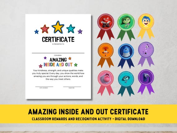 Inside Out 2 Classroom Certificate Award School Rewards Activity (Amazing Inside and Out) Kids Teens School Therapy Counseling Printable