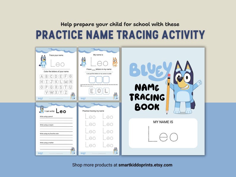 Bluey Name Tracing Practice Activity Sheets Custom Name Handwriting ...