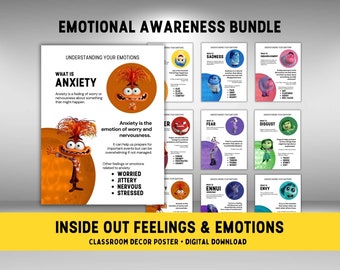Póster de Inside Out Emotions Check In, Conciencia Emocional, Hojas de Trabajo Imprimibles para el Aula de Terapia SEL, Control Socioemocional, Decoración de Inside Out