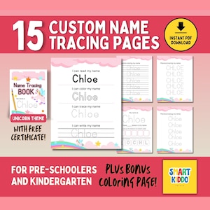 Menu du matin pour enfants sur le thème de la licorne, feuille de calque pour nom personnalisé, activité d'écriture manuscrite, maternelle, maternelle, école à la maison, pages imprimables, feuilles de travail