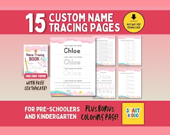 Custom Name Tracing Sheet Practice Name Writing Learn how to write name Unicorn Theme Handwriting Activity Preschool Kindergarten Worksheet