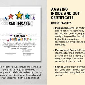 Inside Out 2 Classroom Certificate Award School Rewards Activity (Amazing Inside and Out) For Kids Teens Adult Therapy Counseling Printable Social Emotional Learning Inside Out Classroom Decor Behavior Recognition SEL Print  Inside Out Bulletin Board