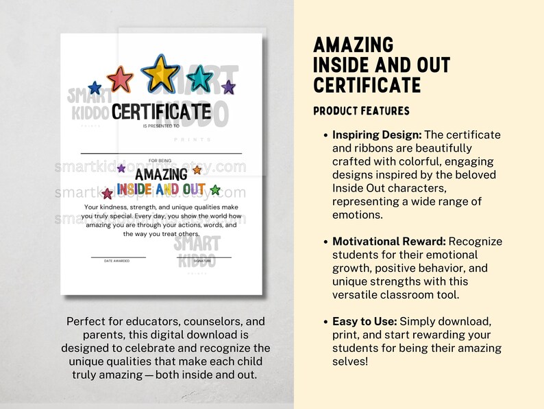 Inside Out 2 Classroom Certificate Award School Rewards Activity (Amazing Inside and Out) For Kids Teens Adult Therapy Counseling Printable Social Emotional Learning Inside Out Classroom Decor Behavior Recognition SEL Print  Inside Out Bulletin Board