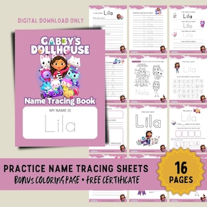 Gabby Dollhouse Name Tracing Practice Activity Sheets Custom Name Handwriting Tracing Pages Preschool Kindergarten Homeschool Printable