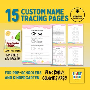Feuille de calque de nom personnalisée, activité d'écriture manuscrite, maternelle, maternelle, école à la maison, feuilles de travail imprimables sur le thème de Sunny Hill, apprendre à écrire