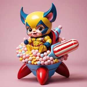 May include: A yellow and blue cartoon character with a candy cane and candy sprinkles sitting on a rocket ship.