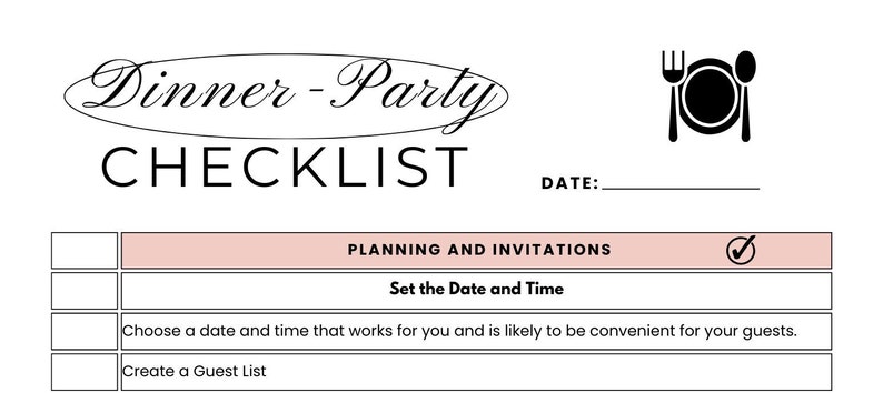Dinner Party Checklist Printable PDF | Dinner Party Planner | Hostess