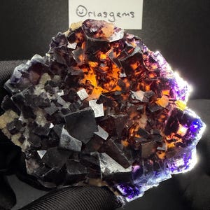 Könnte beinhalten: Eine Ansammlung von tiefvioletten und dunkelblauen kubischen Fluoritkristallen mit durchscheinenden orangefarbenen und gelben internen Highlights. Das Mineralexemplar weist scharfe, geometrische Kanten und eine kristalline Textur auf. Eine weiße Karte mit dem Text oriasgems ist sichtbar.