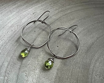 Peridot Oxidized Sterling Silver Organic Circle Earrings