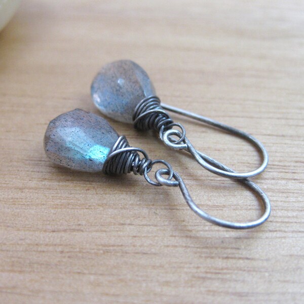 Petite Labradorite Oxidized Silver Earrings