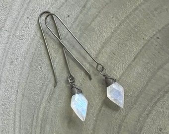 Long Oxidized Silver Moonstone Earrings