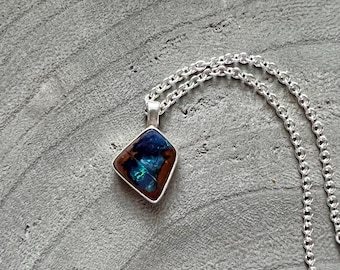 Petite Blue Green Boulder Opal Silver Necklace
