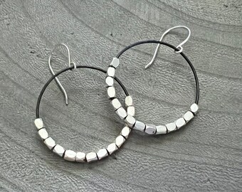 Beaded Hoop Oxidized Sterling Silver Dangle Earrings