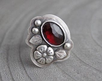 Garnet Sterling Silver Flower Statement Ring OOAK