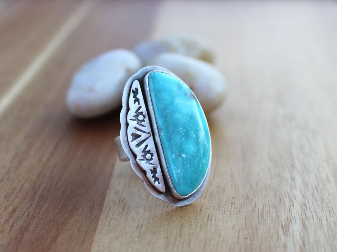 Kingman Turquoise Stamped Silver Statement Ring OOAK - Etsy