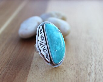 Kingman Turquoise Stamped Silver Statement Ring OOAK