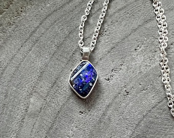 Petite Sparkly Blue Australian Boulder Opal Necklace Sterling Silver