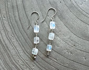 Rainbow Moonstone Baguette Sterling Silver Dangle Earrings