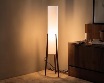 Lámpara de pie trípode de madera, lámpara de pie de estilo moderno de mediados de siglo, lámpara de pie escandinava con pantalla de lino, decoración para sala de estar