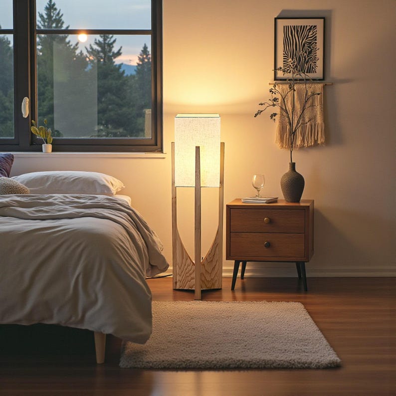 Puede incluir: Una l&aacute;mpara de pie de madera con una pantalla rectangular, junto a una mesita de noche de madera con dos cajones. Una cama con un edred&oacute;n beige est&aacute; a la izquierda. Una impresi&oacute;n de cebra enmarcada y un jarr&oacute;n con ramas est&aacute;n en la pared.