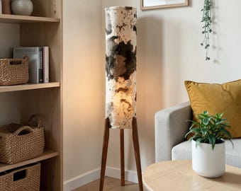 Wooden Tripod Floor Lamp, Cow Print Floor Lamp, Mid Century Modern Standing Lamp, Scandinavian Living Room Decor
