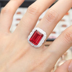 Ruby Ring 10x14mm Emerald Cut, 925 Sterling Silver Double Halo DIY Setting, July Birthstone
