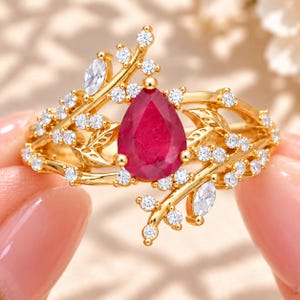 Birthday, Mom, Personalized Gift, Ring, Ruby 5x7mm, 925 Sterling Silver, Pear Faceted Engravable Leaf & Vine Openwork Statement Ring Setting