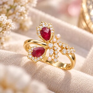 Könnte beinhalten: Ein Goldring mit zwei birnenförmigen roten Edelsteinen in Schmetterlingsform. Das Design ist mit kleinen klaren runden Steinen und drei winzigen weißen Perlen verziert und sitzt auf einer polierten Goldschiene mit offener Ringschiene.