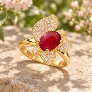May include: A gold ring featuring a central oval-cut deep red gemstone surrounded by a butterfly-shaped setting encrusted with numerous small, clear, sparkling white stones that cover the wings and frame the vibrant red center stone.