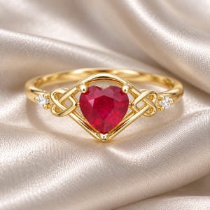 Anniversary Gift for Wife, Engagement Ring, Ruby 6mm, 925 Sterling Silver, Heart Cut, Dainty Knot Design, Adjustable Size, Ring Setting