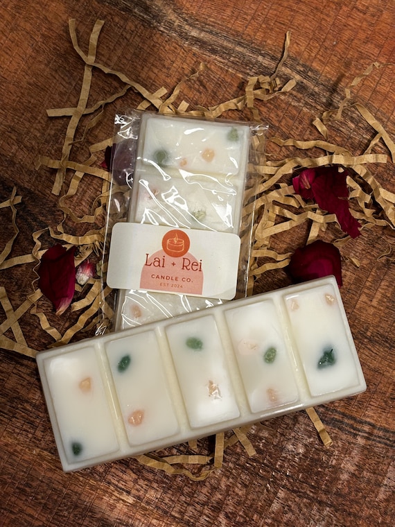 Cactus flower & Jade Wax melt bar, snap bar with crystals, pink and green crystals, 100% soy wax, scented wax melts, scented wax bars