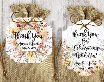 Wildflower Thank You Wedding Favor Tags, Tags Only, Personalized Gift Tags, Wreath Floral Square Rectangle Round Tags, Boho Wedding Tags