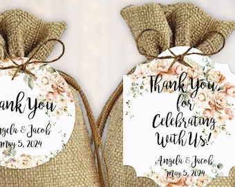 Blush Peach Floral Roses Thank You Wedding Favor Tags, Tags Only, Personalized Gift Tags, Neutral Square Rectangle Round Tags, Boho Tags
