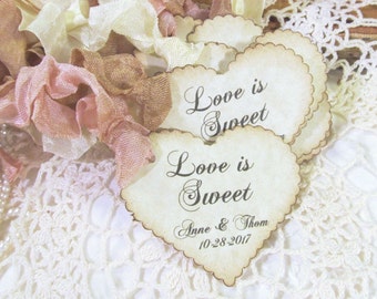 Wedding Favor Heart Tags w/ribbons - Love is Sweet - Scallop Parchment Hearts - Personalized - Set of 28 - Choose Ribbon Color - Customized