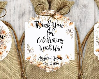 Peach Neutral Wildflower Floral Thank You Wedding Favor Tags, Tags Only, Personalized Gift Tags, Square Rectangle Round, Boho Wedding