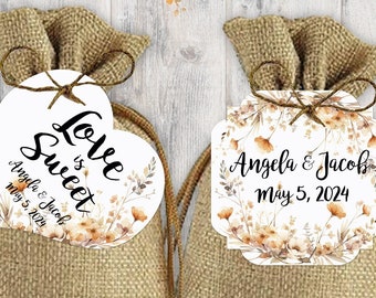 Neutral Wildflower Wreath Wedding Favor Tags, Tags Only, Personalized Gift Tags, Peach Floral Heart Square Round Tags - Boho Thank You Tags