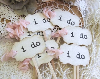 Adornos para cupcakes de boda "I do" - Papel pergamino - Juego de 12, 18, 36, 50 o 100 - Elige cintas - Estilo rústico vintage shabby chic